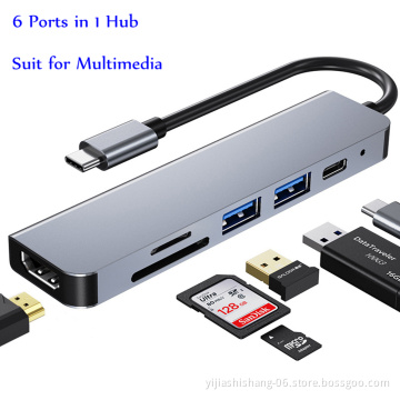 High Quality 6 In1 Multiport Usb C Hub To Hdmi-compatible Adapter Type C To Usb 3.0 Sd Tf Card Reader Adapter Usb Hub For Laptop